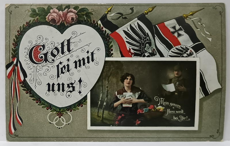 GOTT MIT UNS ! MONTAJ FOTOGRAFIC CU STEAGUL GERMANIEI SI SOLDAT SCRIIND IUBITEI DIN RZBOI , CARTE POSTALA  ILUSTRATA  , 1915
