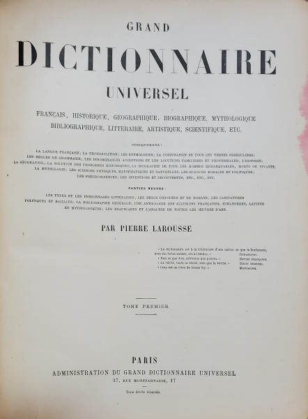 GRAND DICTIONNAIRE UNIVERSEL...par PIERRE LAROUSSE, 17 volume - PARIS,