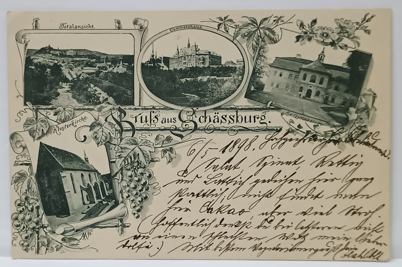 GRUS AUS SCHASSBURG (  SALUTARI DIN SIGHISOARA  ) , MONTAJ CU PATRU IMAGINI DIN ORAS , CARTE POSTALA ILUSTRATA , CLASICA