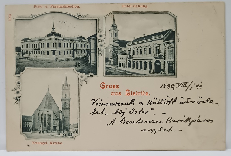GRUSS AUS BISTRITZ  (SALUTARI DIN BISTRITA  ), MONTAJ CU 3 IMAGINI DIN ORAS , CARTE POSTALA , CLASICA
