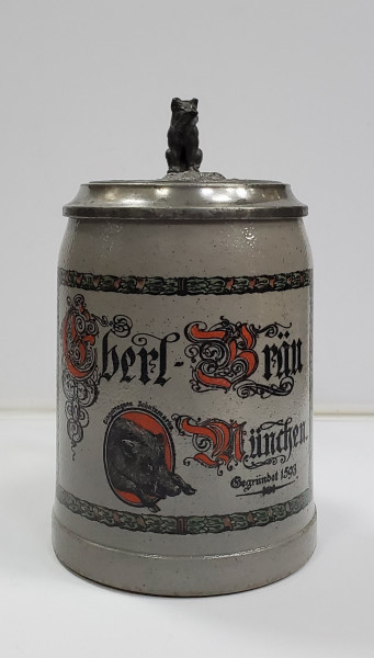 Halba de bere din ceramica cu capac din zinc, Eberl Brau, Munchen, Secol XX