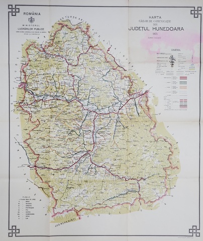 HARTA CAILOR DE COMUNICATIE DIN JUDETUL HUNEDOARA  , CROMOLITOGRAFIE ,   SCARA 1 : 200.000, 1925