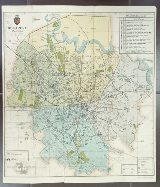 HARTA  ORASULUI BUCURESTI , CU IMPARTIREA PE SECTOARE SI TRASEELE MIJLOACELOR DE TRANSPORT , POLICROMA, 1932