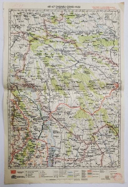 HARTA ZONEI CHISINAU - ORHEI - HUSI  , LITOGRAFIE DE M.D. MOLDOVEANU , 1936, POLICROMA