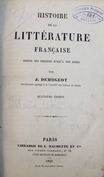 HISTOIRE DE LA LITTERATURE FRANCAISE par J. DEMOGEOT, 1860