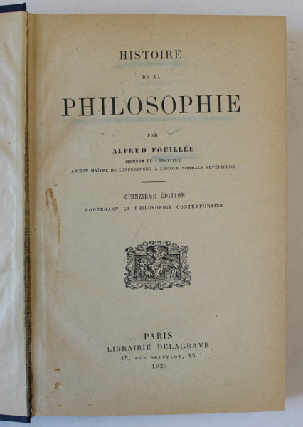 HISTOIRE DE LA PHILOSOPHIE par ALFRED FOOUILLEE , 1920