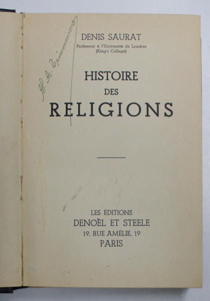 HISTOIRE DES RELIGIONS de DENIS SAURAT ,1933