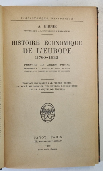 HISTOIRE ECONOMIQUE DE L 'EUROPE ( 1760 - 1932 ) par A. BIRNIE , 1832