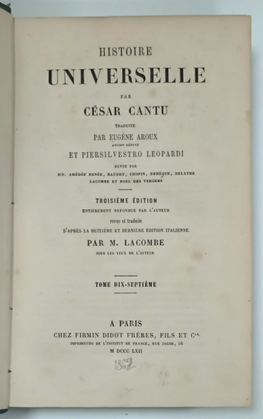 HISTOIRE UNIVERSELLE par CESAR CANTU , TOME DIX - SEPTIEME , 1862