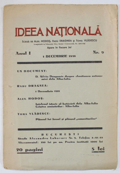 IDEEA NATIONALA , ANUL I , NR. 9 , 1 DEC. 1938