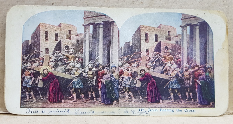 IISUS HRISTOS DUCAND CRUCEA , FOTOGRAFIE STEROSCOPICA , POLICROMA, PE CARTON , CCA. 1900