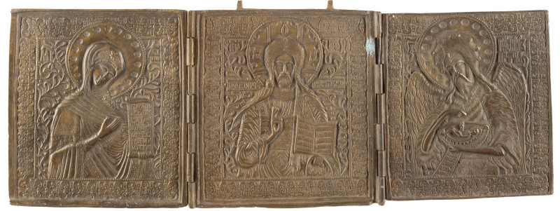 IIsus Pantocrator, Maica Domnului, Sf. Ioan Botezatorul, Triptic de calatorie din bronz, Rusia, Sec. 19