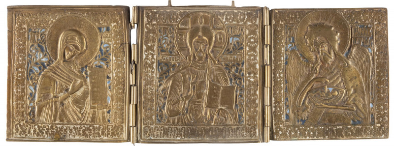 IIsus Pantocrator, Maica Domnului si Sf. Ioan Botezatorul, Triptic de calatorie din bronz, Rusia, Sec. 19