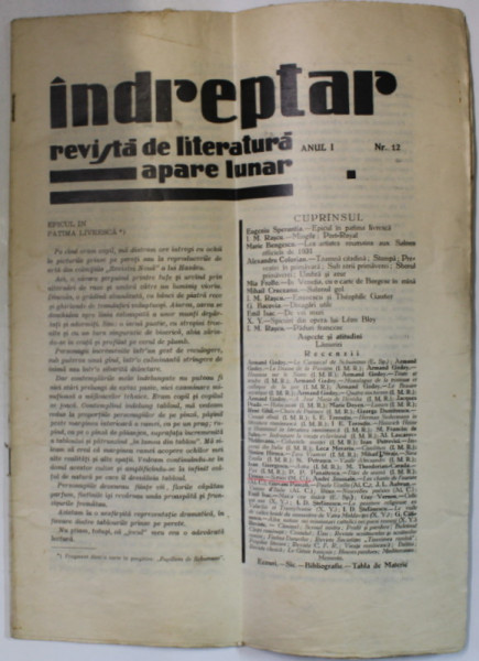 INDREPTAR , REVISTA DE LITERATURA , APARE LUNAR , ANUL I , NR. 12 , EDITIE INTERBELICA