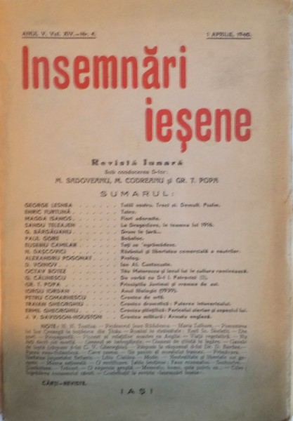 INSEMNARI IESENE, REVISTA LUNARA SUB CONDUCEREA d-lor M. SADOVEANU, M. CODREANU, GR. POPA, ANUL. V, VOL. XIV, NR.4, 1 APRILIE 1940