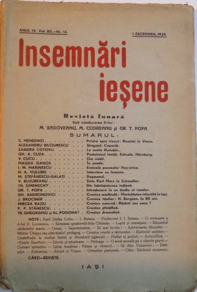 INSEMNARI IESENE, REVISTA LUNARA SUB CONDUCEREA d-lor M. SADOVEANU, M. CODREANU, GR. POPA, ANUL. XII, NR. 12, 1 DECEMBRIE 1939