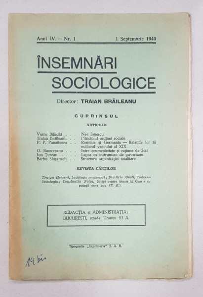 INSEMNARI SOCIOLOGICE, ANUL IV, NR. 1, 1 SEPTEMBRIE 1940