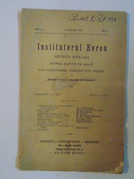 INSTITUTORUL EVREU, ANUL I, 20 APRILIE 1906, NR. 3