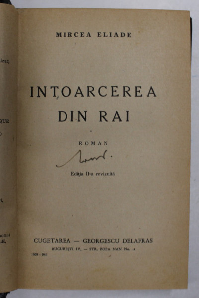 INTOARCEREA DIN RAI de MIRCEA ELIADE , EDITIA A II A REVIZUITA 1943