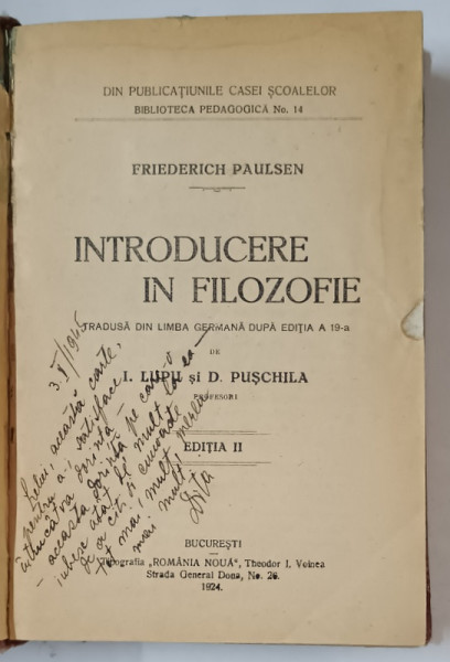 INTRODUCERE IN FILOZOFIE de FRIEDRICH PAULSEN , 1924 , PREZINTA HALOURI DE APA