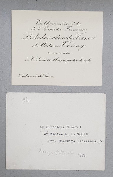 INVITATIE LA DINEU  TRIMISA DE AMBASADORUL FRANTEI LA BUCURESTI , DOMNULUI N. CARTOJAN , PERIOADA INTERBELICA