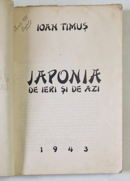 JAPONIA DE IERI SI DE AZI de IOAN TIMUS - BUCURESTI, 1943