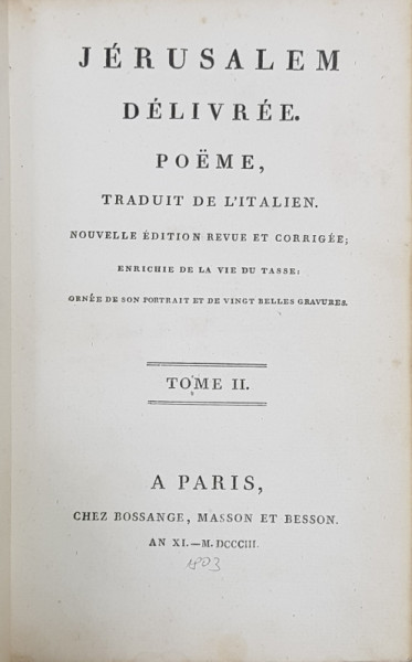 JERUSALEM DELIVREE, POEME DU TASSE . TOM II - PARIS, 1803