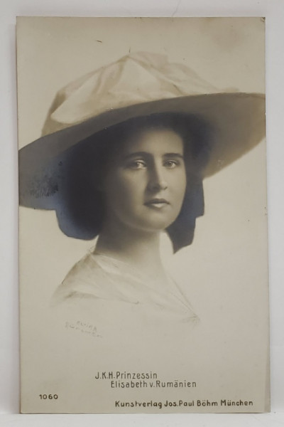 J.K.H. PRINZESSIN ELISABETH von RUMANIEN , PORTRET CU ROCHIE SI PALARIE ALBA , CARTE POSTALA , INTERBELICA