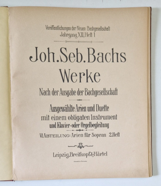 JOH. SEB. BACHS WERKE , PARTITURA , TEXT IN LIMBA GERMANA , EDITIE INTERBELICA