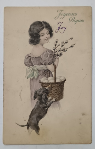 JOYEUSES PASQUES , FELICITARE DE PASTE , FETITA CU COSUL DE OUA  SI UN CATEL, FORMAT CARTE POSTALA , INCEPUTUL SEC. XX