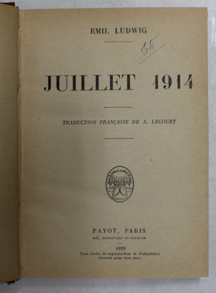 JUILLET 1914 par EMIL LUDWIG , 1929