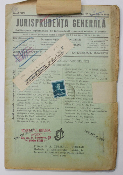 JURISPRUDENTA GENERALA , PUBLICATIUNE SAPTAMANALA   DE JURISPRUDENTA REZUMATA ROMANA SI STRAINA , ANUL XIX  , NR. 27 , SEPTEMBRIE , 1941