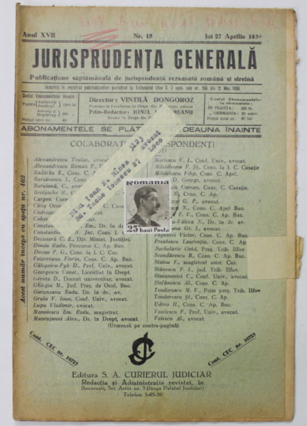 JURISPRUDENTA GENERALA , PUBLICATIUNE SAPTAMANALA   DE JURISPRUDENTA REZUMATA ROMANA SI STRAINA , ANUL XVII , NR. 15 , APRILIE ,   1939