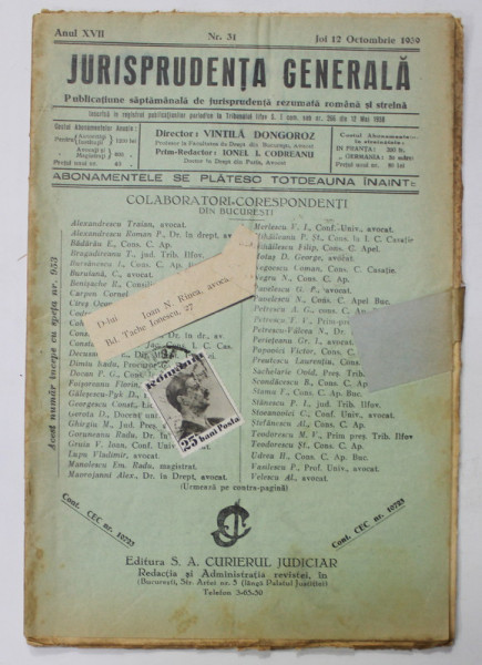 JURISPRUDENTA GENERALA , PUBLICATIUNE SAPTAMANALA   DE JURISPRUDENTA REZUMATA ROMANA SI STRAINA , ANUL XVII , NR. 31 , OCTOMBRIE ,   1939