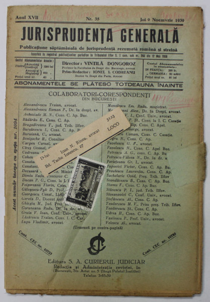 JURISPRUDENTA GENERALA , PUBLICATIUNE SAPTAMANALA   DE JURISPRUDENTA REZUMATA ROMANA SI STRAINA , ANUL XVII , NR.35 , NOIEMBRIE ,1939