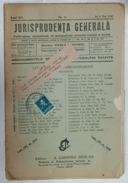 JURISPRUDENTA GENERALA , PUBLICATIUNE SAPTAMANALA DE JURISPRUDENTA REZUMATA ROMANA SI STRAINA , NR. 16 , 1941