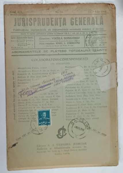 JURISPRUDENTA GENERALA , PUBLICATIUNE SAPTAMANALA DE JURISPRUDENTA REZUMATA ROMANA SI STRAINA , NR. 24 , 1941