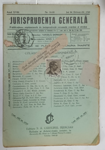 JURISPRUDENTA GENERALA , PUBLICATIUNE SAPTAMANALA DE JURISPRUDENTA REZUMATA ROMANA SI STRAINA , NR.31-32  , 1940