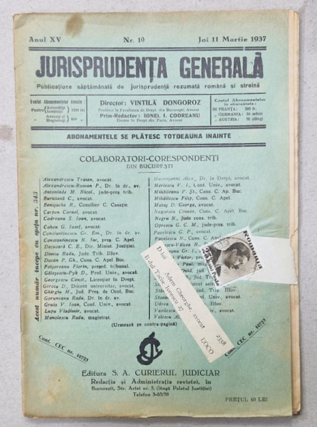 JURISPRUDENTA  GENERALA , PUBLICATIUNE SAPTAMANALA  DE JURISPRUDENTA REZUMATA  ROMANA  SI STREINA , NR. 10, 1937