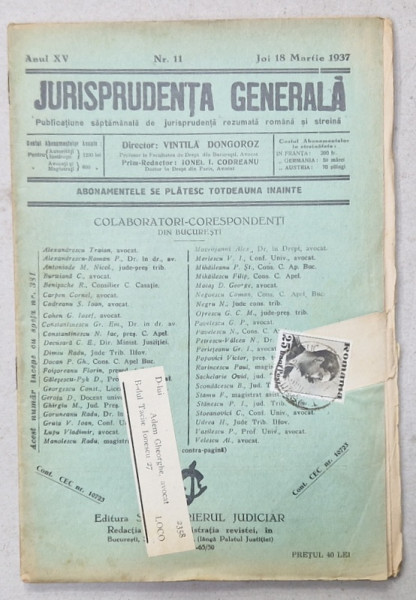 JURISPRUDENTA  GENERALA , PUBLICATIUNE SAPTAMANALA  DE JURISPRUDENTA REZUMATA  ROMANA  SI STREINA , NR. 11, 1937