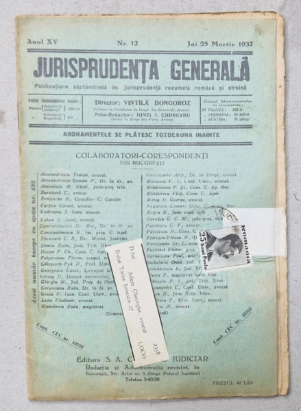 JURISPRUDENTA  GENERALA , PUBLICATIUNE SAPTAMANALA  DE JURISPRUDENTA REZUMATA  ROMANA  SI STREINA , NR. 12, 1937