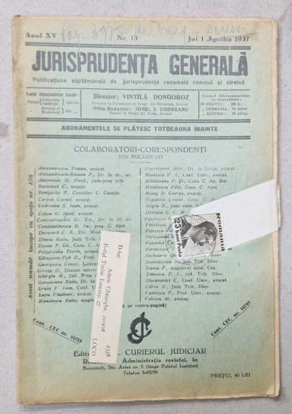 JURISPRUDENTA  GENERALA , PUBLICATIUNE SAPTAMANALA  DE JURISPRUDENTA REZUMATA  ROMANA  SI STREINA , NR. 13, 1937