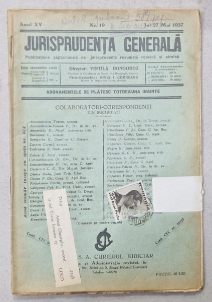 JURISPRUDENTA  GENERALA , PUBLICATIUNE SAPTAMANALA  DE JURISPRUDENTA REZUMATA  ROMANA  SI STREINA , NR. 19, 1937