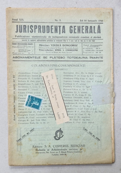 JURISPRUDENTA  GENERALA , PUBLICATIUNE SAPTAMANALA  DE JURISPRUDENTA REZUMATA  ROMANA  SI STREINA , NR. 2 , 1941