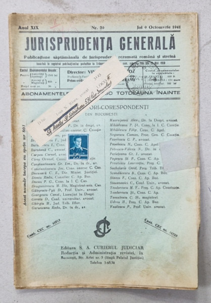 JURISPRUDENTA  GENERALA , PUBLICATIUNE SAPTAMANALA  DE JURISPRUDENTA REZUMATA  ROMANA  SI STREINA , NR. 29 , 1941