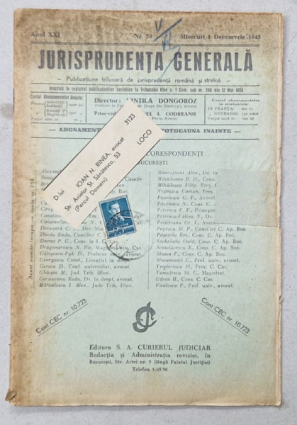 JURISPRUDENTA  GENERALA , PUBLICATIUNE SAPTAMANALA  DE JURISPRUDENTA REZUMATA  ROMANA  SI STREINA , NR 29 , 1943