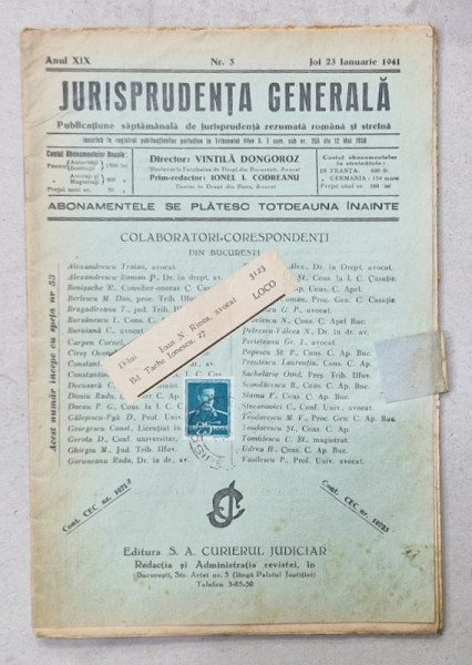 JURISPRUDENTA  GENERALA , PUBLICATIUNE SAPTAMANALA  DE JURISPRUDENTA REZUMATA  ROMANA  SI STREINA , NR. 3 , 1941