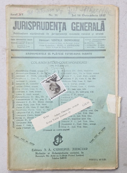 JURISPRUDENTA  GENERALA , PUBLICATIUNE SAPTAMANALA  DE JURISPRUDENTA REZUMATA  ROMANA  SI STREINA , NR. 31, 1937