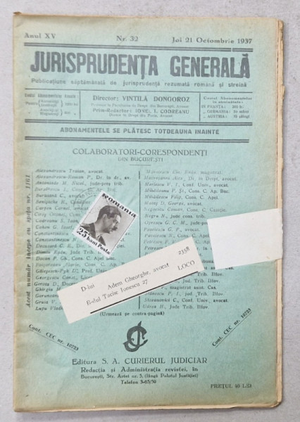 JURISPRUDENTA  GENERALA , PUBLICATIUNE SAPTAMANALA  DE JURISPRUDENTA REZUMATA  ROMANA  SI STREINA , NR. 32, 1937