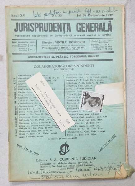 JURISPRUDENTA  GENERALA , PUBLICATIUNE SAPTAMANALA  DE JURISPRUDENTA REZUMATA  ROMANA  SI STREINA , NR. 33, 1937